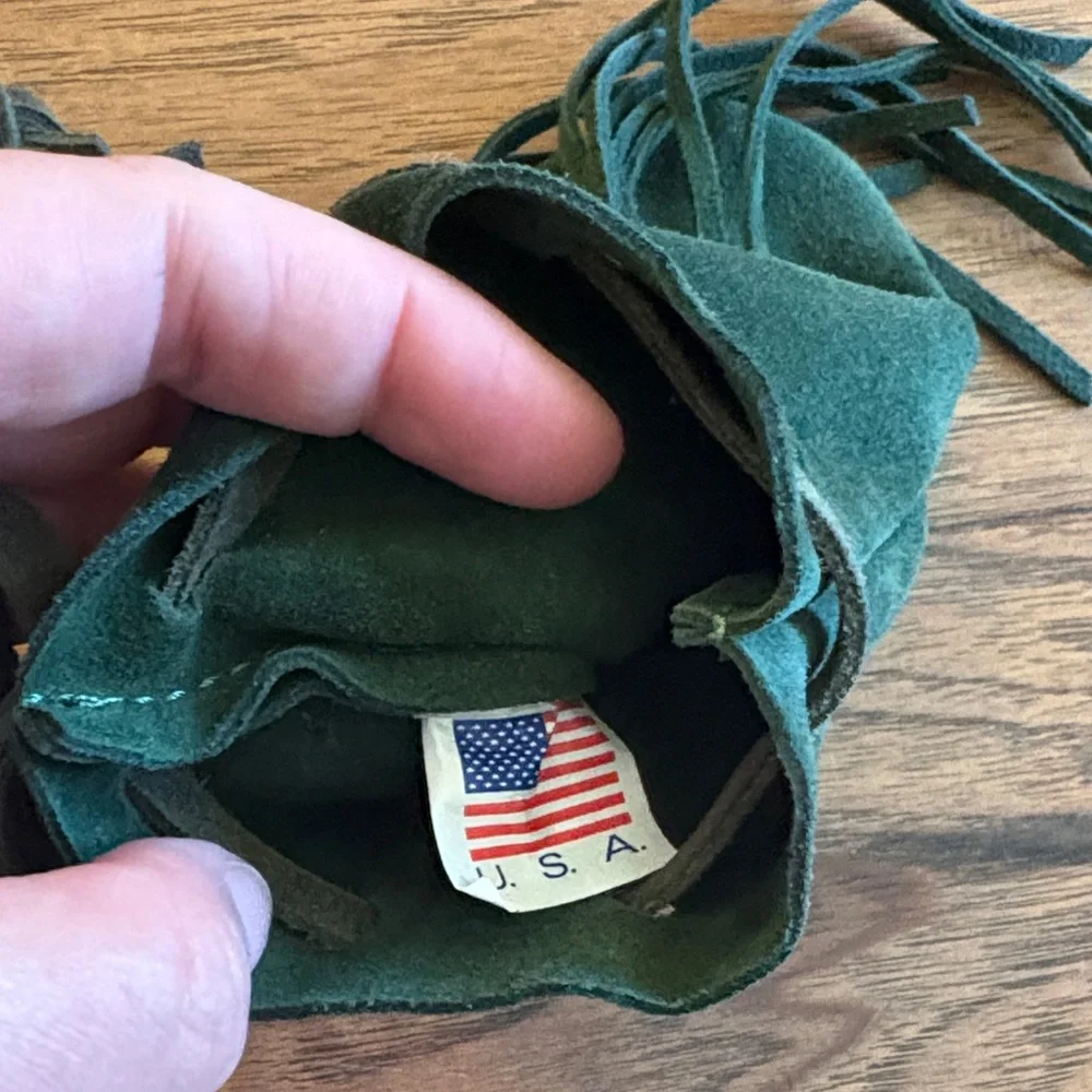 Bison Native American Green Suede Fringe Medicine Necklace Pouch- Beautiful! 🦬